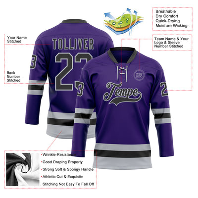 Custom Purple Black-Gray Hockey Lace Neck Jersey