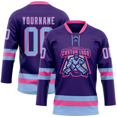 Custom Purple Light Blue-Pink Hockey Lace Neck Jersey