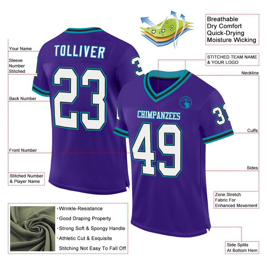 Custom Purple Black-Teal Mesh Authentic Throwback Football Jersey