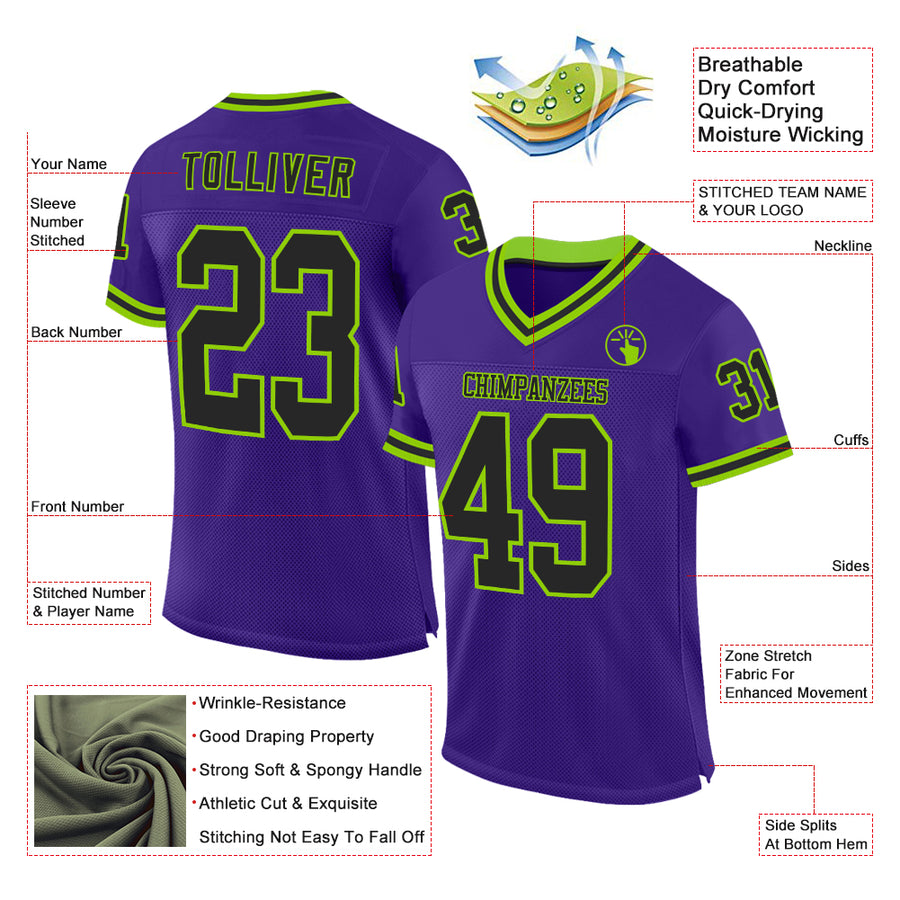 Custom Purple Black-Neon Green Mesh Authentic Throwback Football Jersey