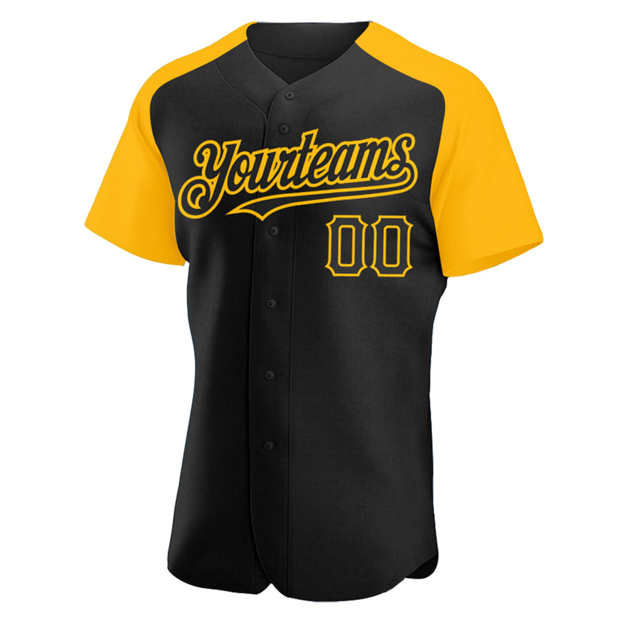 Custom Black Gold Authentic Raglan Sleeves Baseball Jersey