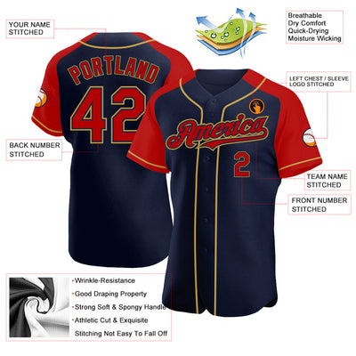 Custom Navy Red-Old Gold Authentic Raglan Sleeves Baseball Jersey