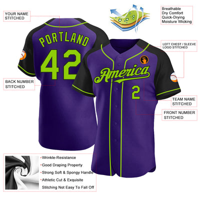 Custom Purple Neon Green-Black Authentic Raglan Sleeves Baseball Jersey