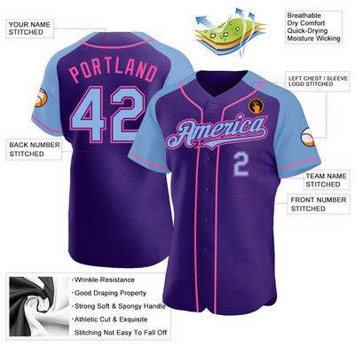 Custom Purple Light Blue-Pink Authentic Raglan Sleeves Baseball Jersey