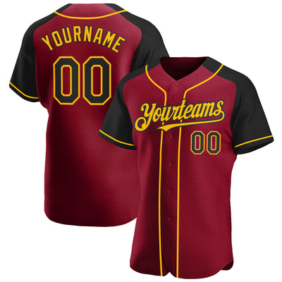 Custom Crimson Black-Gold Authentic Raglan Sleeves Baseball Jersey