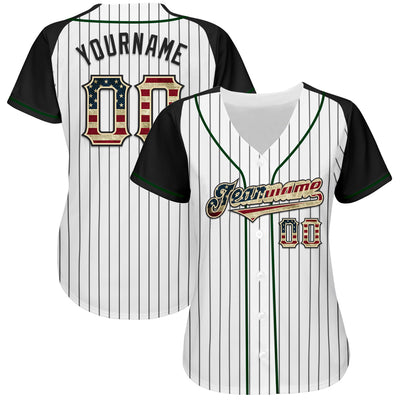 Custom White Black Pinstripe Vintage USA Flag Cream-Green Authentic Raglan Sleeves Baseball Jersey