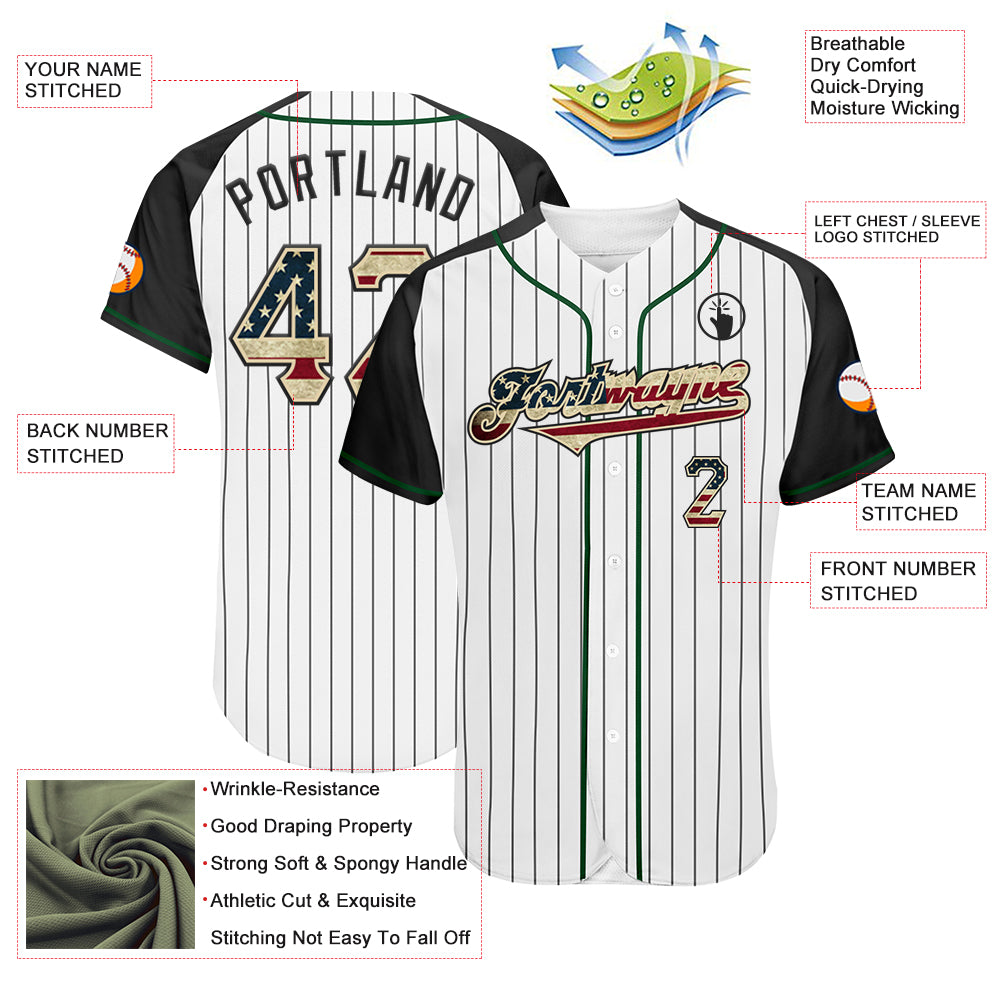 Custom White Black Pinstripe Vintage USA Flag Cream-Green Authentic Raglan Sleeves Baseball Jersey