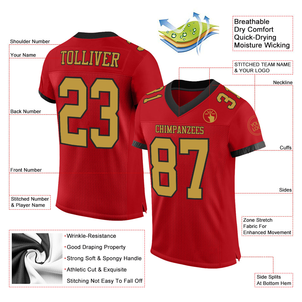 Custom Red Black-Old Gold Mesh Authentic Football Jersey