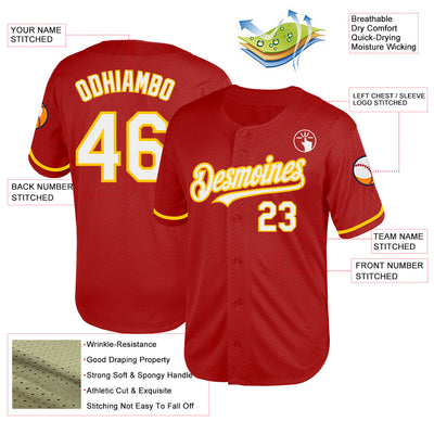 Custom Red White-Yellow Mesh Authentic Throwback Baseball Jersey