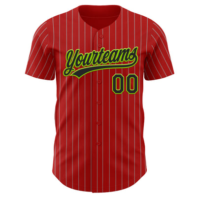 Custom Red Gray Pinstripe Black-Neon Green Authentic Baseball Jersey