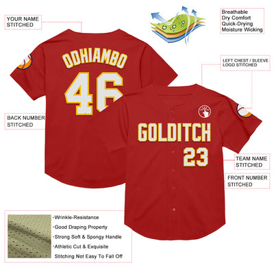 Custom Red White-Yellow Mesh Authentic Throwback Baseball Jersey