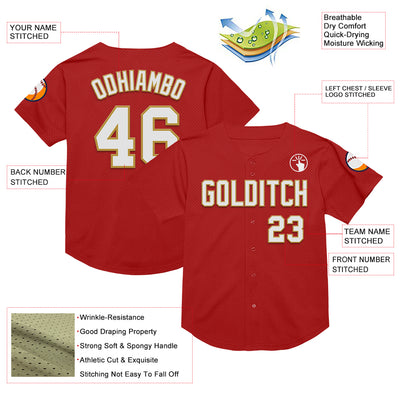 Custom Red White-Old Gold Mesh Authentic Throwback Baseball Jersey