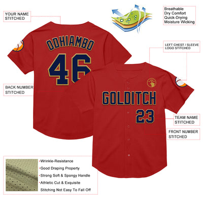 Custom Red Navy-Old Gold Mesh Authentic Throwback Baseball Jersey