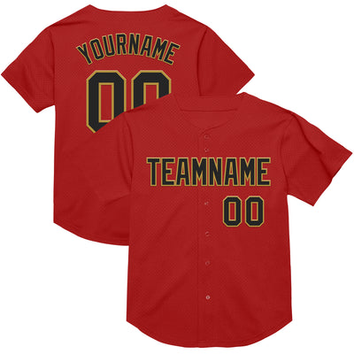 Custom Red Black-Old Gold Mesh Authentic Throwback Baseball Jersey