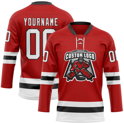 Custom Red White-Black Hockey Lace Neck Jersey