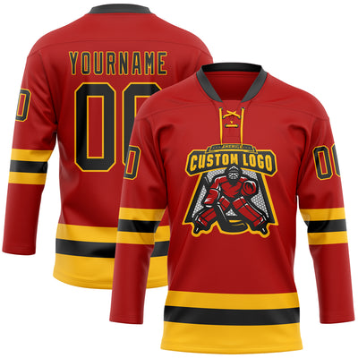 Custom Red Black-Gold Hockey Lace Neck Jersey