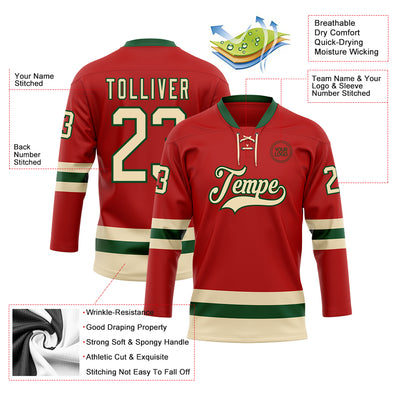 Custom Red Cream-Green Hockey Lace Neck Jersey