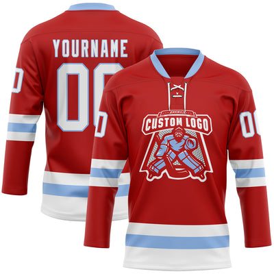 Custom Red White-Light Blue Hockey Lace Neck Jersey