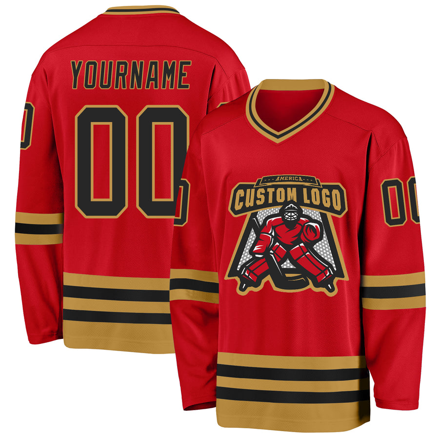 Custom Red Black-Old Gold Hockey Jersey