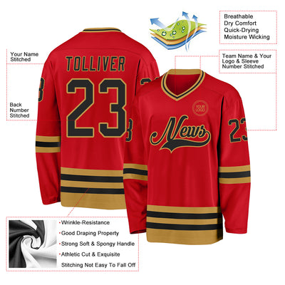 Custom Red Black-Old Gold Hockey Jersey