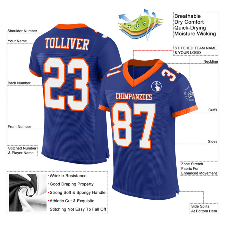 Custom Royal White-Orange Mesh Authentic Football Jersey