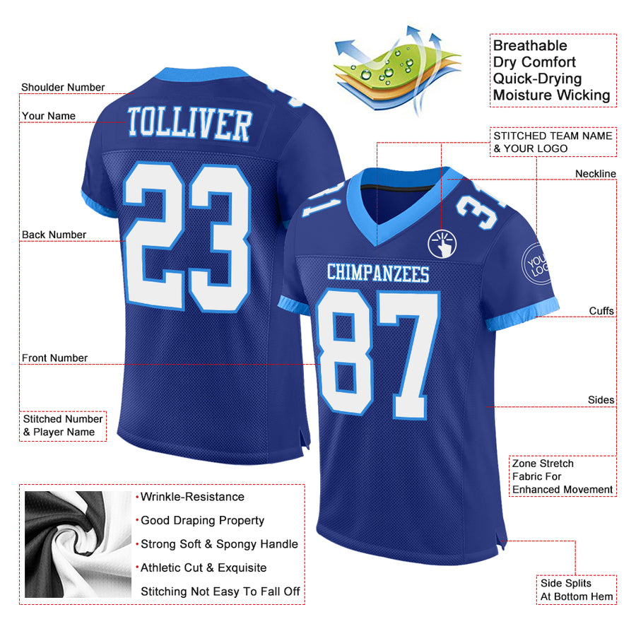 Custom Royal White-Powder Blue Mesh Authentic Football Jersey