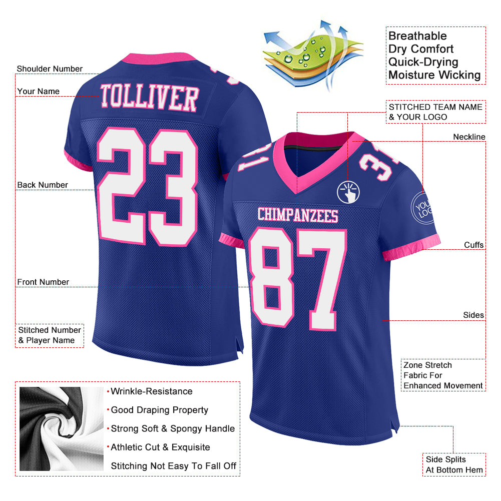 Custom Pink White-Royal Mesh Authentic Football Jersey