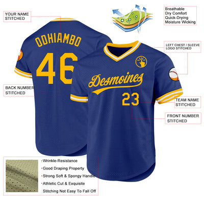 Custom Royal Gold-White Authentic Throwback Baseball Jersey