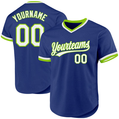 Custom Royal White-Neon Green Authentic Throwback Baseball Jersey