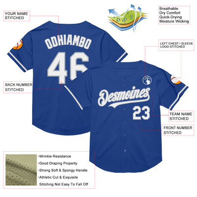 Custom Royal White-Gray Mesh Authentic Throwback Baseball Jersey