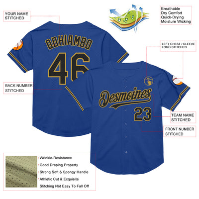 Custom Royal Black-Old Gold Mesh Authentic Throwback Baseball Jersey