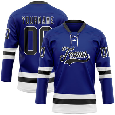 Custom Royal Black-White Hockey Lace Neck Jersey