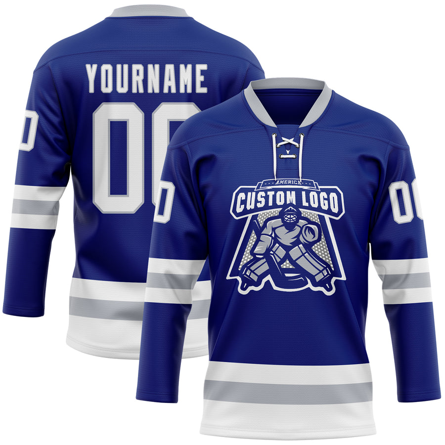 Custom Royal White-Gray Hockey Lace Neck Jersey