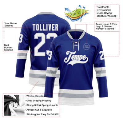 Custom Royal White-Gray Hockey Lace Neck Jersey