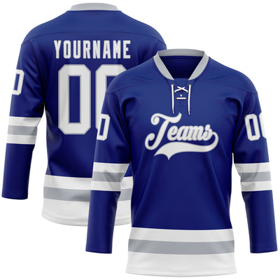 Custom Royal White-Gray Hockey Lace Neck Jersey