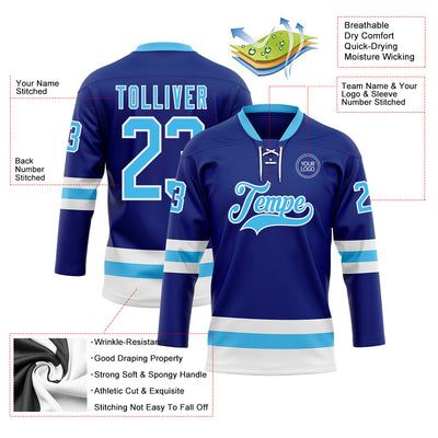 Custom Royal Sky Blue-White Hockey Lace Neck Jersey