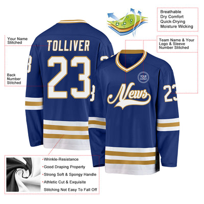 Custom Royal White-Old Gold Hockey Jersey