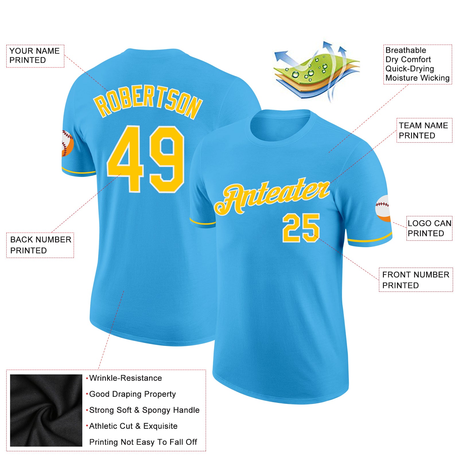 Custom Sky Blue Yellow-White Performance T-Shirt