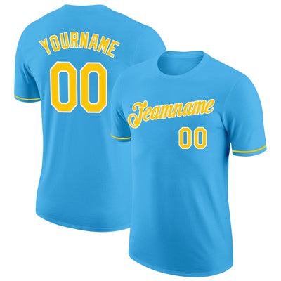 Custom Sky Blue Yellow-White Performance T-Shirt