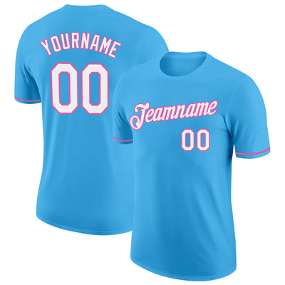 Custom Sky Blue White-Pink Performance T-Shirt