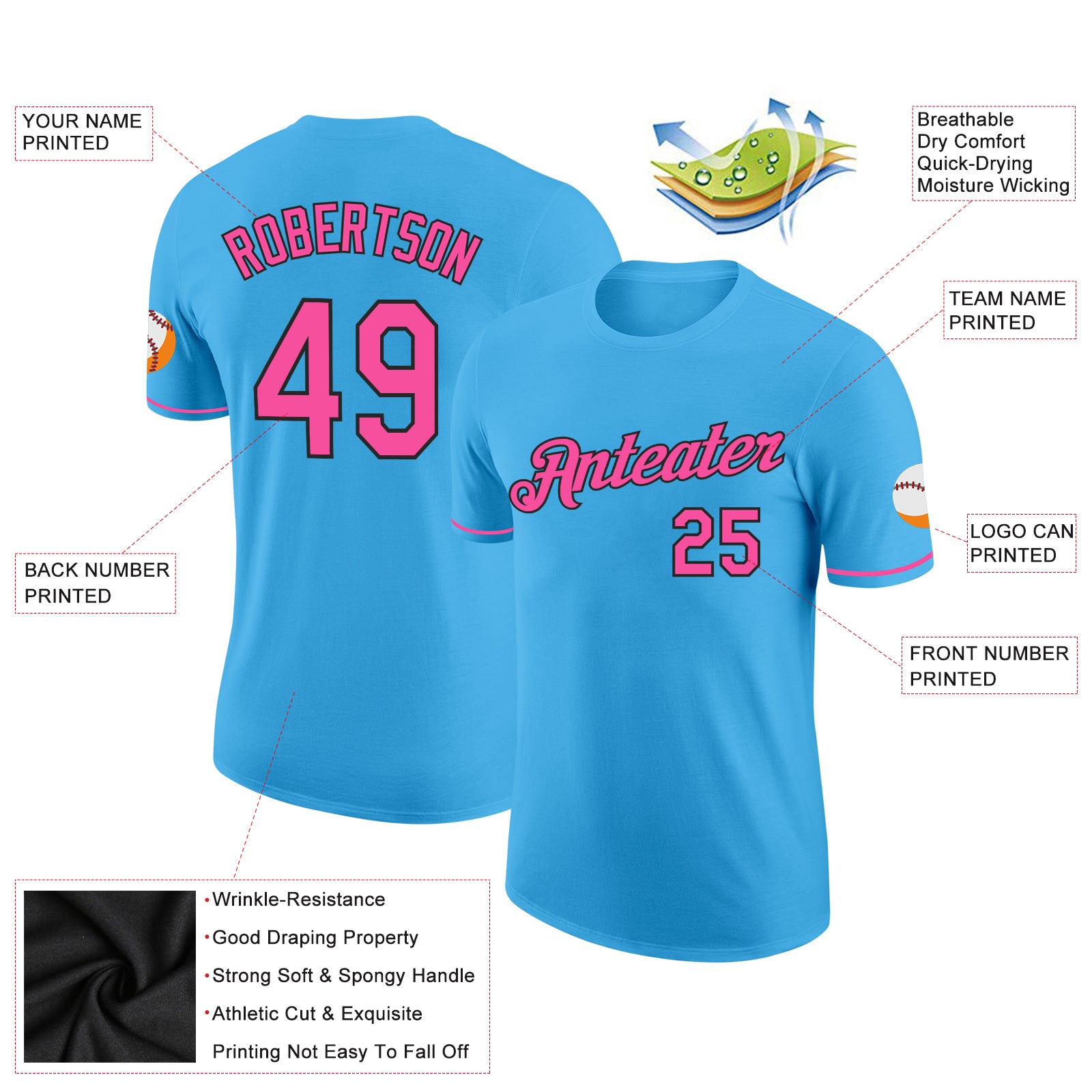 Custom Sky Blue Pink-Black Performance T-Shirt