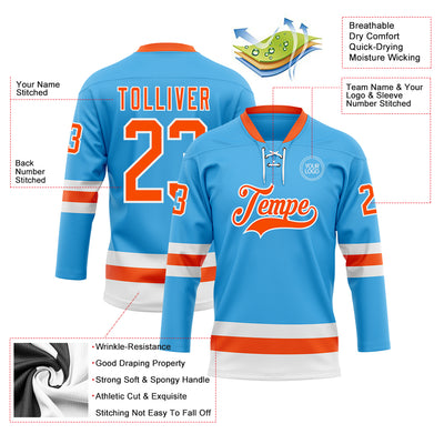 Custom Sky Blue Orange-White Hockey Lace Neck Jersey