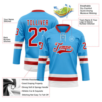 Custom Sky Blue Red-White Hockey Lace Neck Jersey