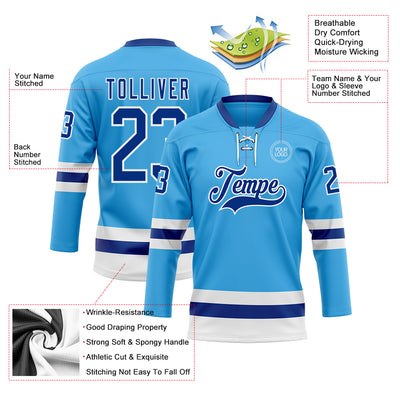 Custom Sky Blue Royal-White Hockey Lace Neck Jersey