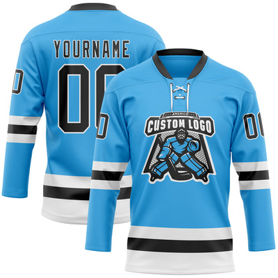 Custom Sky Blue Black-White Hockey Lace Neck Jersey