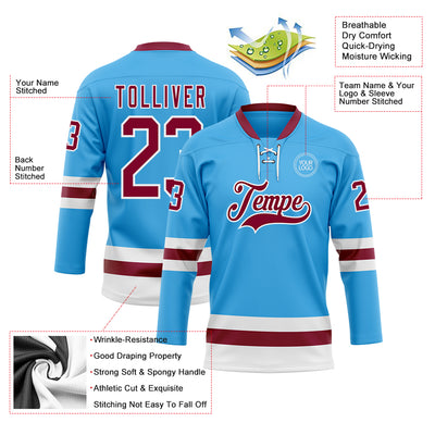 Custom Sky Blue Maroon-White Hockey Lace Neck Jersey