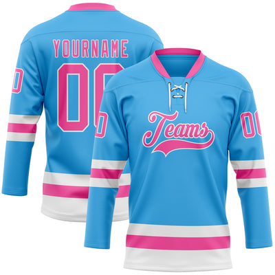 Custom Sky Blue Pink-White Hockey Lace Neck Jersey