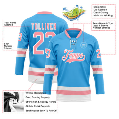 Custom Sky Blue Medium Pink-White Hockey Lace Neck Jersey