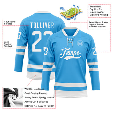 Custom Sky Blue White Hockey Lace Neck Jersey