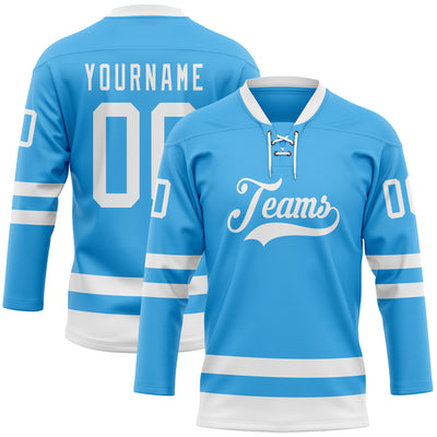 Custom Sky Blue White Hockey Lace Neck Jersey